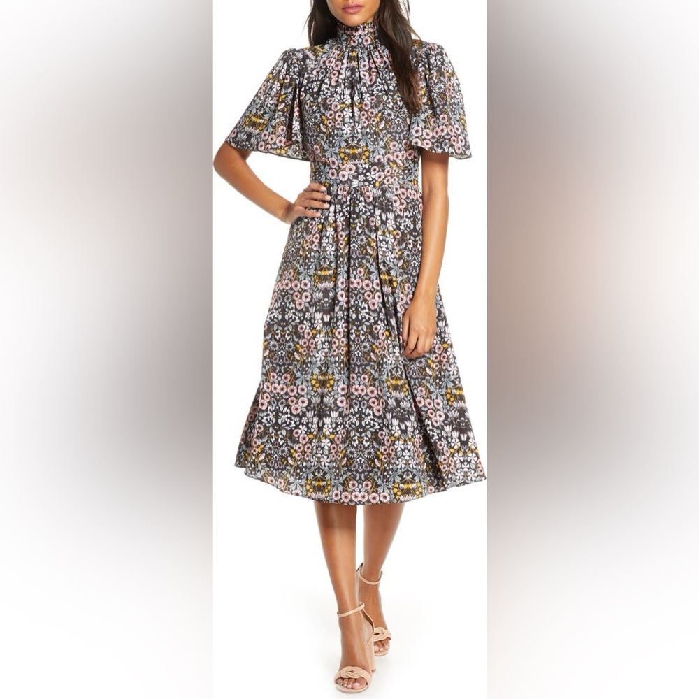 Julia Jordan Ruffle Mock Neck Flutter Sleeve A-Line Dress Floral‎ Print Size 8